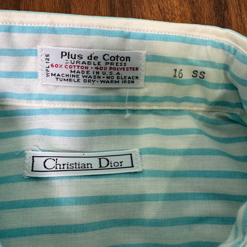 Christian Dior 80s Striped Short Sleeve Shirt Turquoise/Mint Green Mens Size 16 - Picture 4 of 8